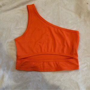 neon orange cut out crop top with one shoulder